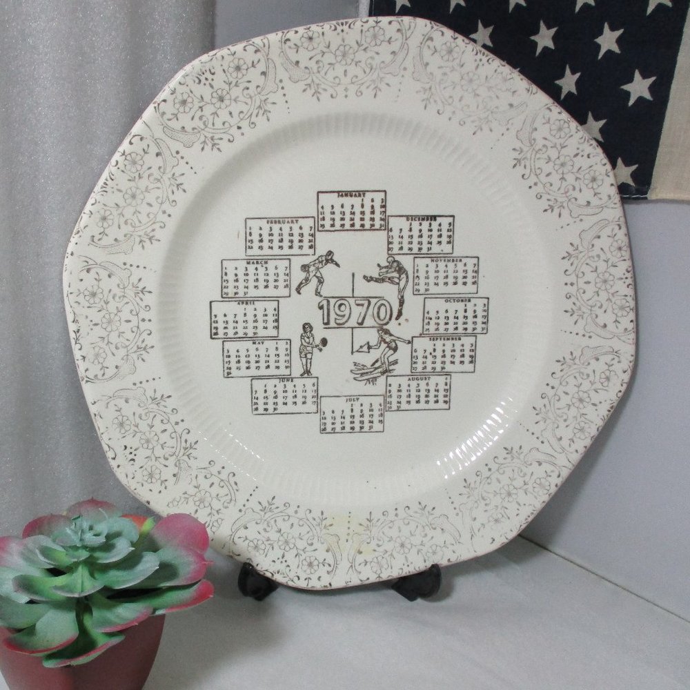 Vintage 1970 Calendar Birthday Year Ironstone  Plate Dish Sports Theme